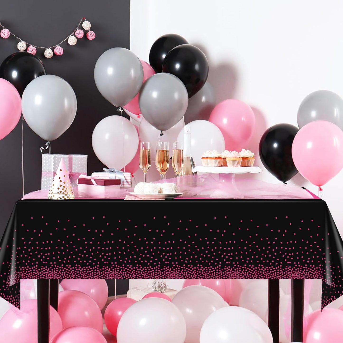 6Pcs Black Hot Pink Tablecloth Party Decorations,Plastic Black Table Cloth Printed Hot Pink Table Runner Disposable Rectangle Cover for Birthday Wedding Anniversary Graduation Party,54x108 Inch