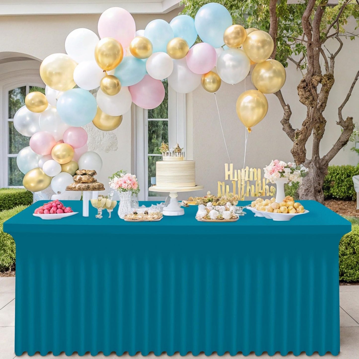 Smiry Spandex Tablecloth, Elastic Fitted Stretch Tablecloth for 8FT Rectangle Tables, Waterproof Washable Table Cover Skirt for Outdoor, Wedding, Banquet & Parties (Turquoise, 96Lx30Wx30H Inch)