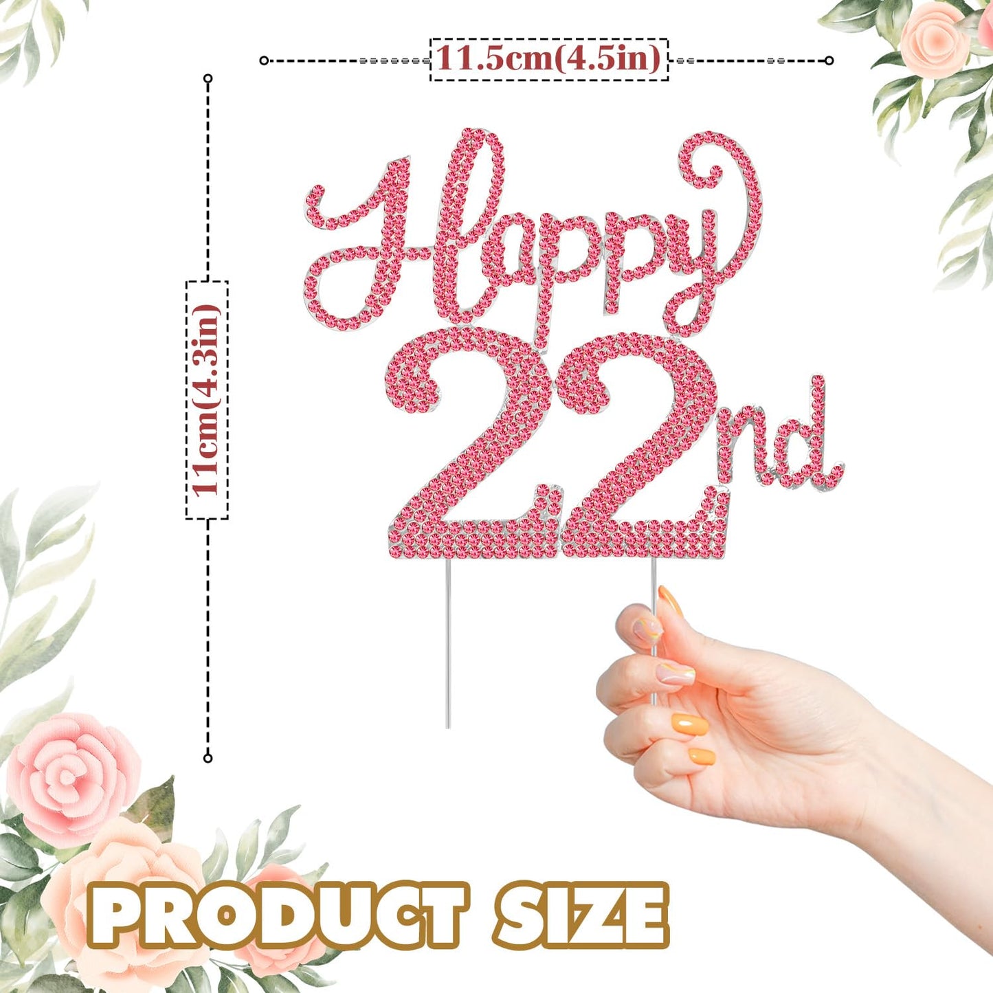 Happy 22nd Birthday Decorations,22nd Birthday Silver & Red Rhinestone Cake Topper - Cheers to 22 Years Old Bday Party Metal Sparkly Cake Centerpieces Sign.