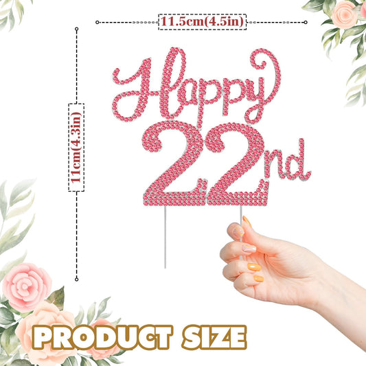 Happy 22nd Birthday Decorations,22nd Birthday Silver & Red Rhinestone Cake Topper - Cheers to 22 Years Old Bday Party Metal Sparkly Cake Centerpieces Sign.