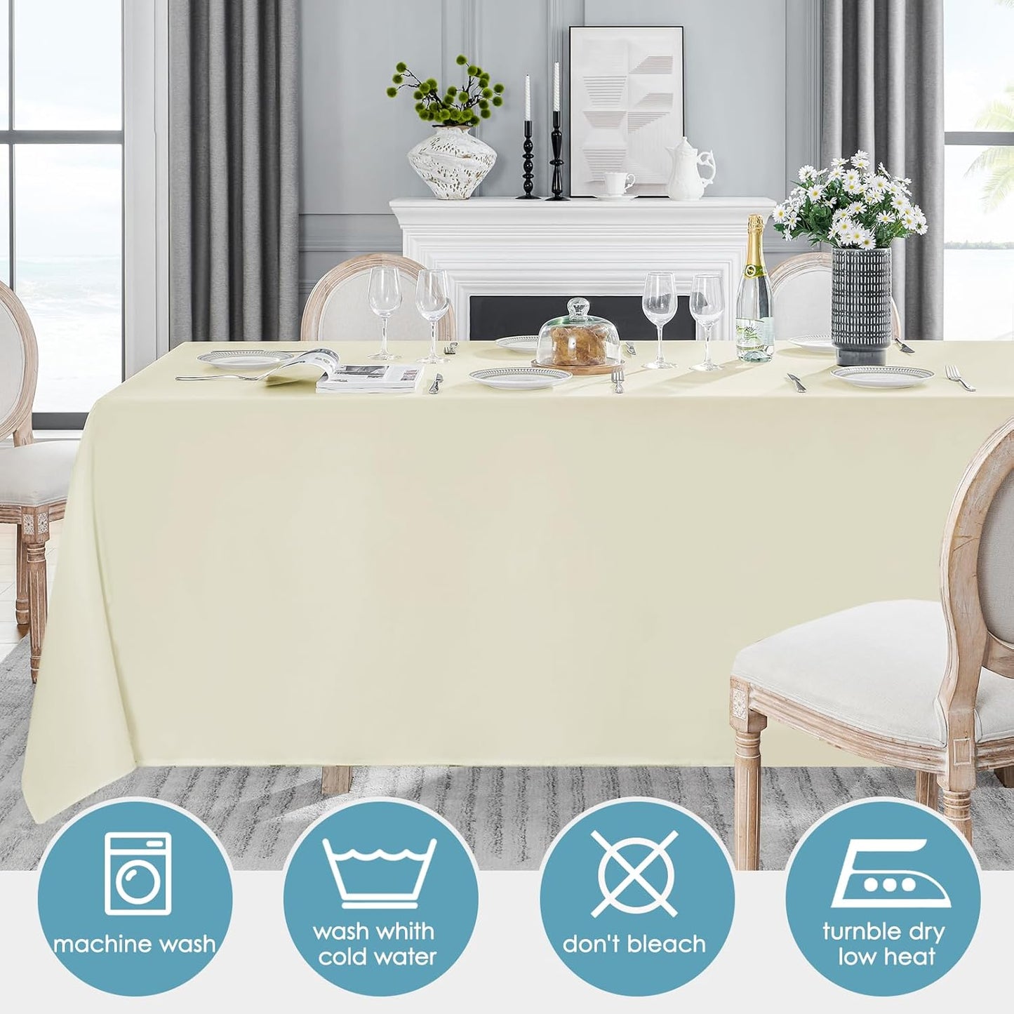 VidaFete Tablecloth 6 Pack 90 * 156inch Rectangle Table Cloth Polyester, Stain Wrinkle Resistant Polyester Dining Table Cover for Kitchen Dinning Party Wedding Rectangular Buffet Decoration(Ivory)