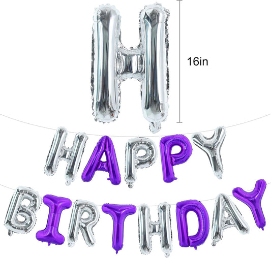 TONIFUL Happy Birthday Balloons with Ribbon Straw, 16 Inch Mylar Letters Balloons Sign Banner Bunting Reusable for Girls Boys Kids & Adults Party Decorations Supplies（Purple Silver）