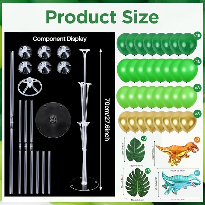 6 Sets Jungle Safari Balloon Stand Kit for Table Gold Green Balloons Dinosaur Party Tables Centerpiece with Palm Leaves for Animal Wild One Birthday Baby Shower St Patricks Day Party Supplies