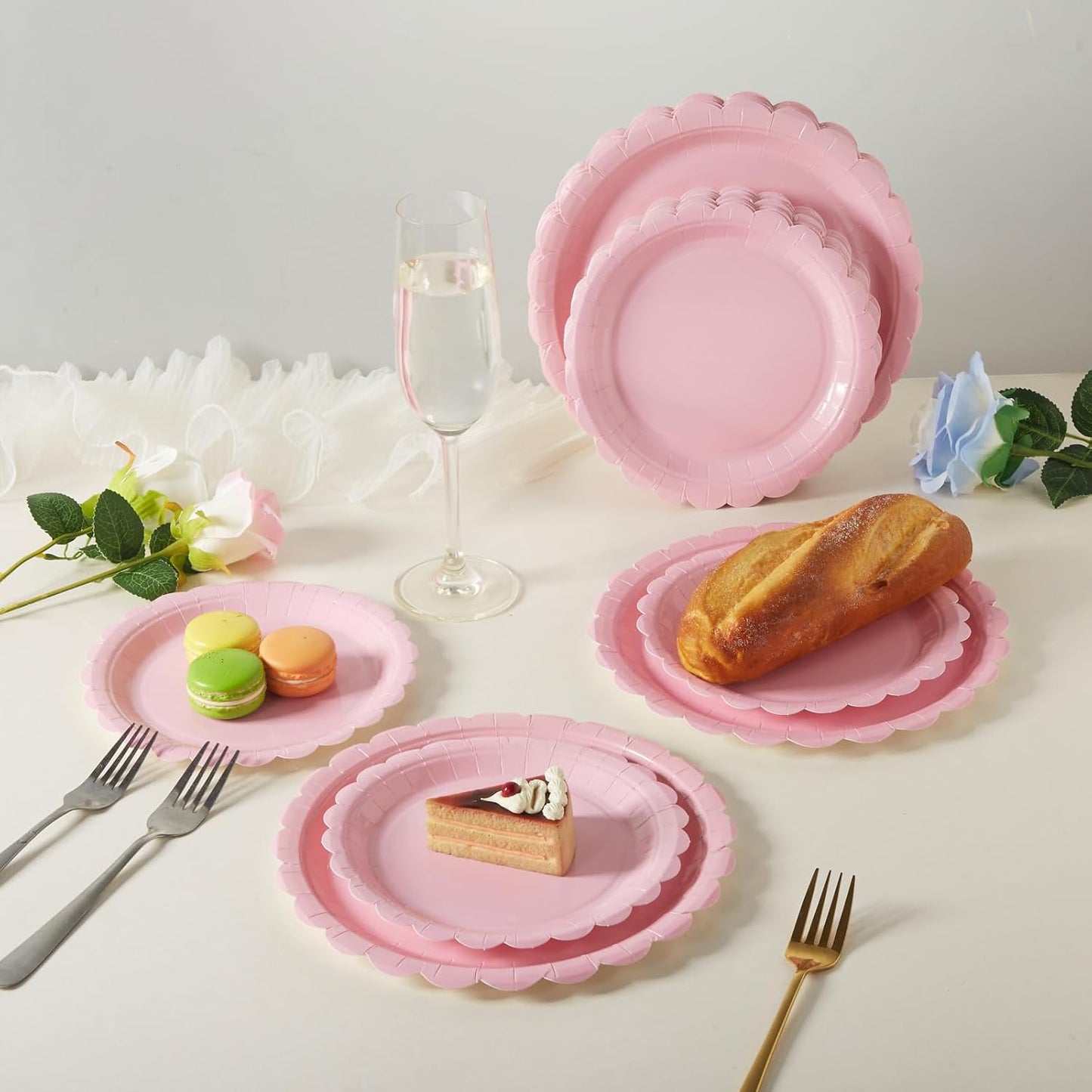 BEFORYOU 50PCS Scalloped Disposable Paper Plates Dessert Cake Party Plates for Baby Shower, Wedding,Bridal Shower Birthday Party Supplies (Pink, 7IN and 9IN)