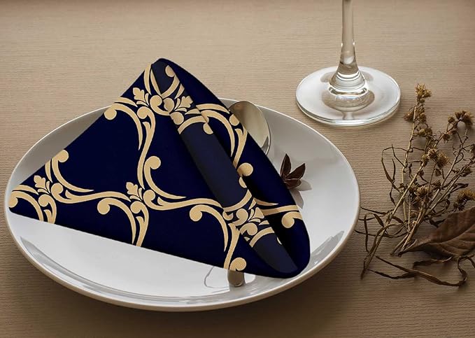 Yibeas Baroque, Damask Cloth Napkins Set of 4 Soft Gold and Blue-Black Ornament Polyester Dinner Napkin for Family Restaurant Weddings Parties 18 x 18 inch