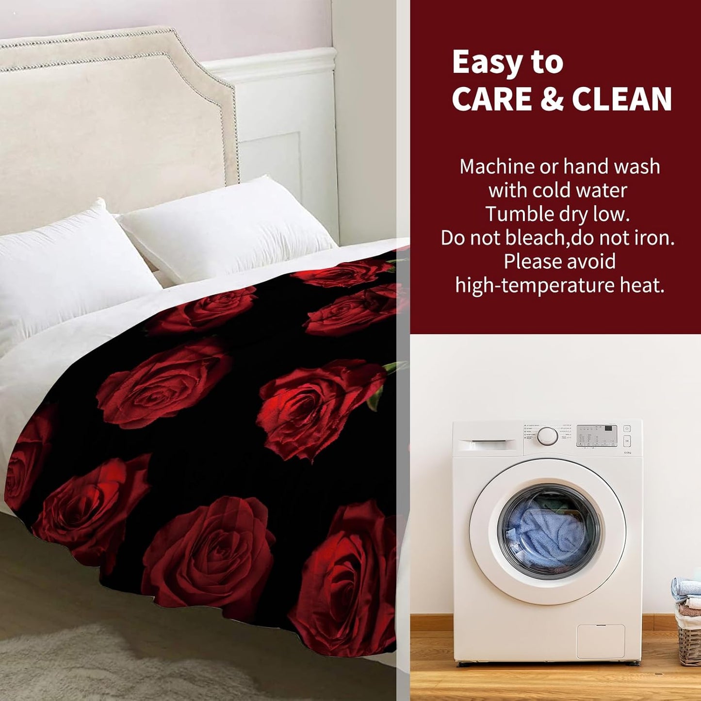 Rose Floral Blanket Gifts for Women Girls Mom Wife Birthday Christmas Valentine Present Romantic Red Roses Flower Theme Decor Bedroom Living Room Couch Sofa Kids Adults Soft Cozy Flannel Throw 60"x50"