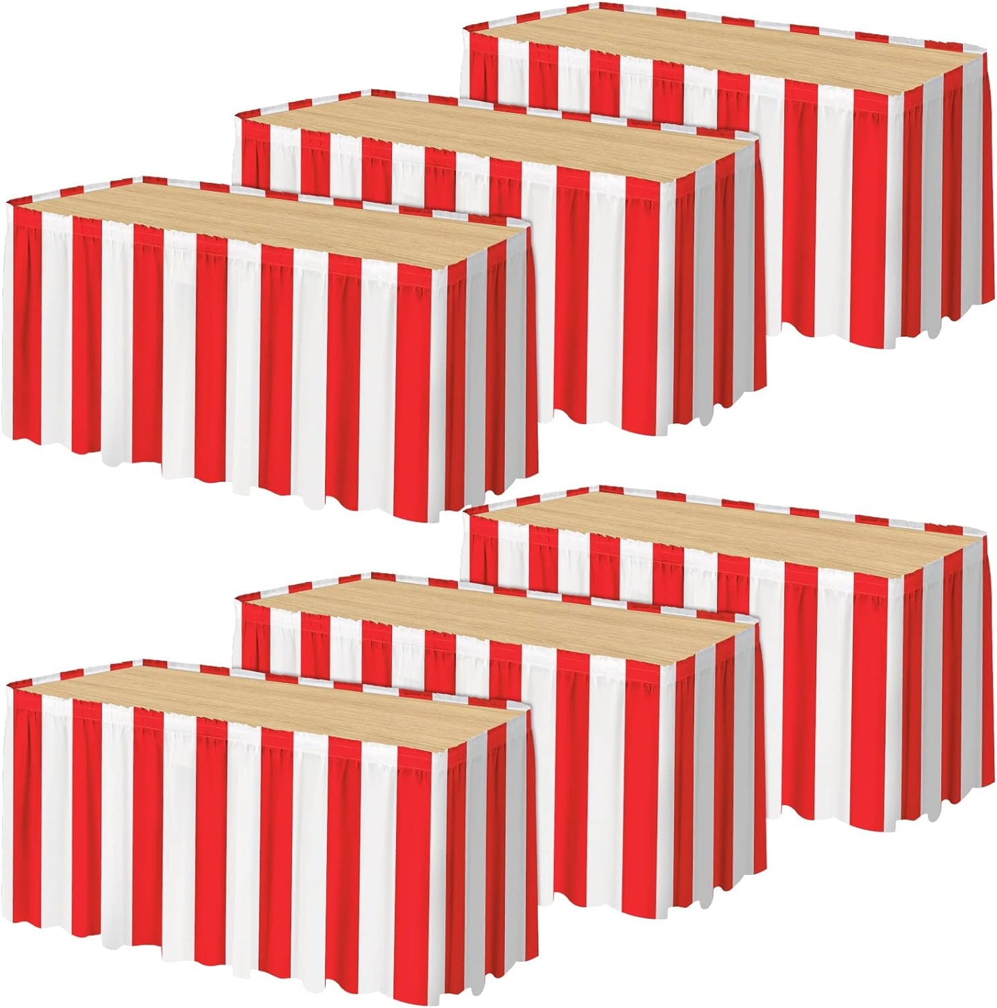 durony 6 Packs Red and White Striped Table Skirt Circus Theme Party Supplies Carnival Table Skirt for Carnival Home Party Decoration, 165 x 30 Inches
