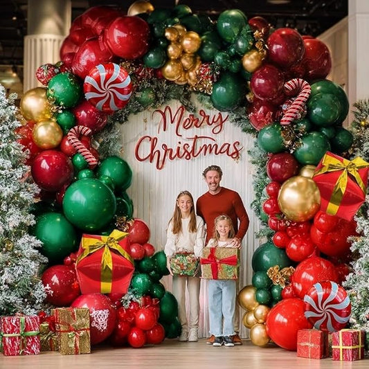 Christmas Balloon Garland, Double Stuffed Dark Emerald Green Red Balloons Burgundy Gold Balloon Garland Kit for Christmas New Year Holiday Birthday Baby Shower Xmas Party Decorations
