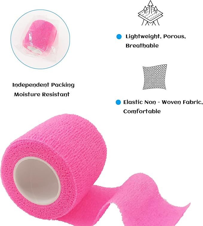 24 Pack Self Adhesive Bandage Wrap 2 Inch, Athletic Elastic Non Woven Cohesive Bandage for Sports, First Aid Medical, Wrist, Ankle Sprains, Swelling and Vet Wrap (Hot Pink)