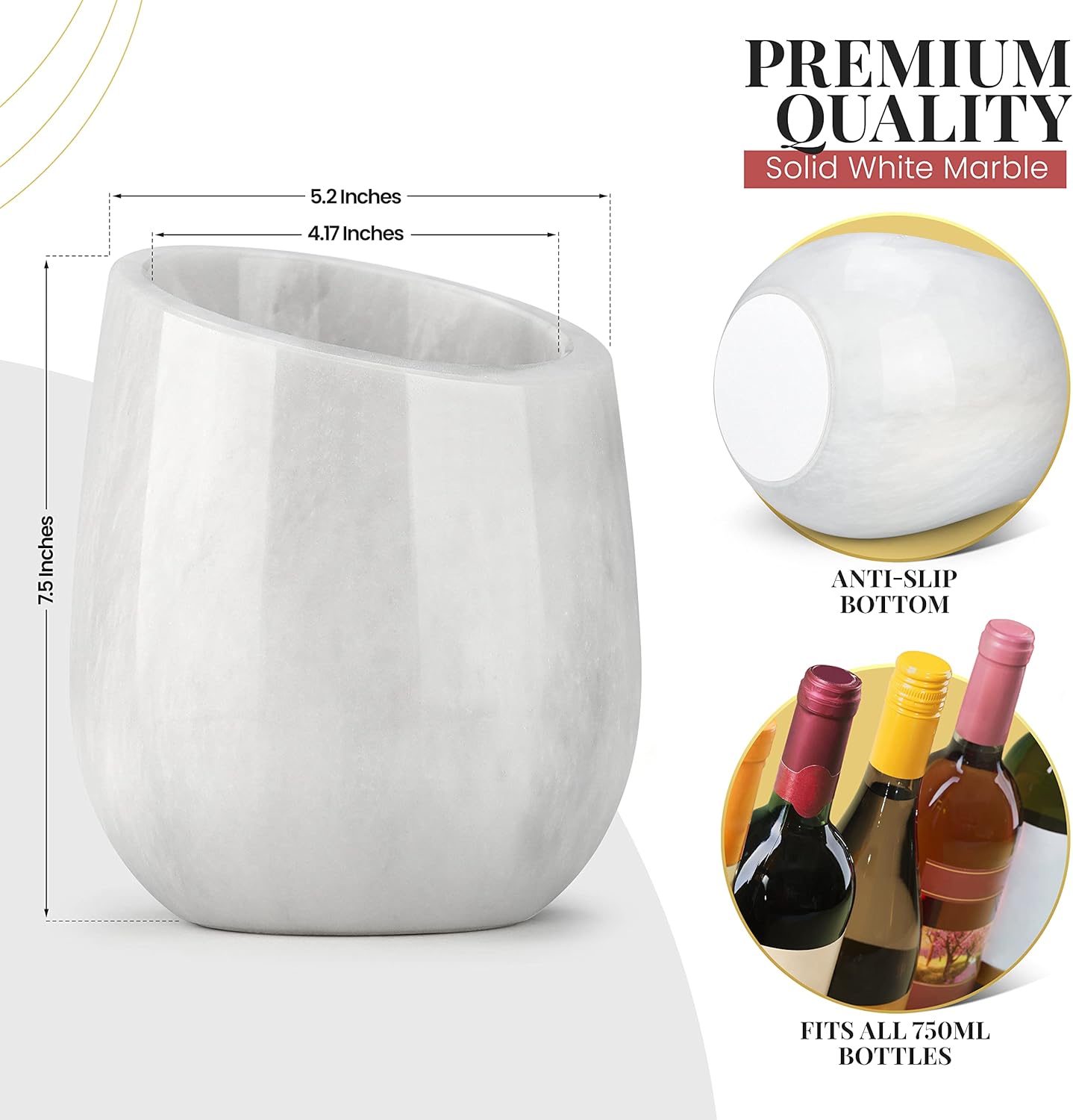 Gusto Nostro Marble Wine Chiller Bucket - 750ml Wine Bottle Cooler and Champagne Chiller for Party, Kitchen, Bar Cart Decor to Chill & Keep Bottles Cold with Unique Wine Lovers Gift Box (White)