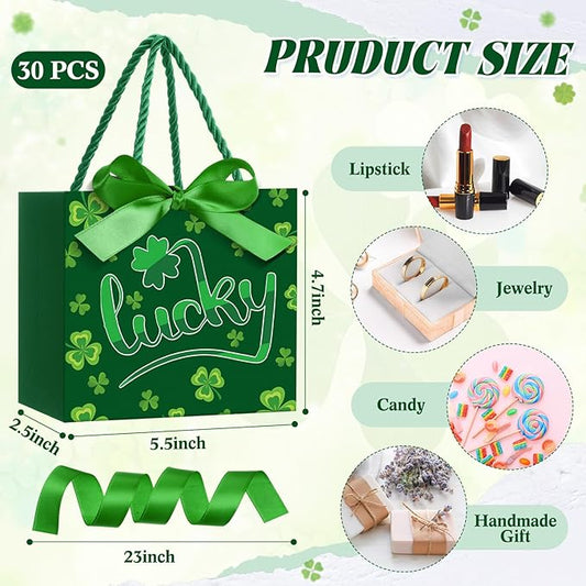 Moinchore 30 Pcs St Patrick's Day Gift Bags Bulk with Handles Bow Ribbon Wrap 5.5 x 4.7 x 2.5 in Green Shamrock Goodie Bags Irish Holiday Party Favors Supplies for Candy Snacks