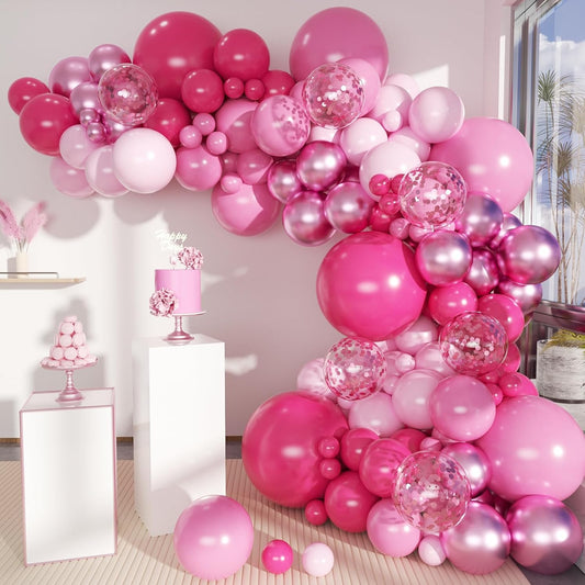 Pink Balloon Arch Kit, 146 PCS Hot Pink Light Pastel Pink Metallic Balloons Garland with Confetti for Bridal Baby Shower Birthday Princess Wedding Party Decorations