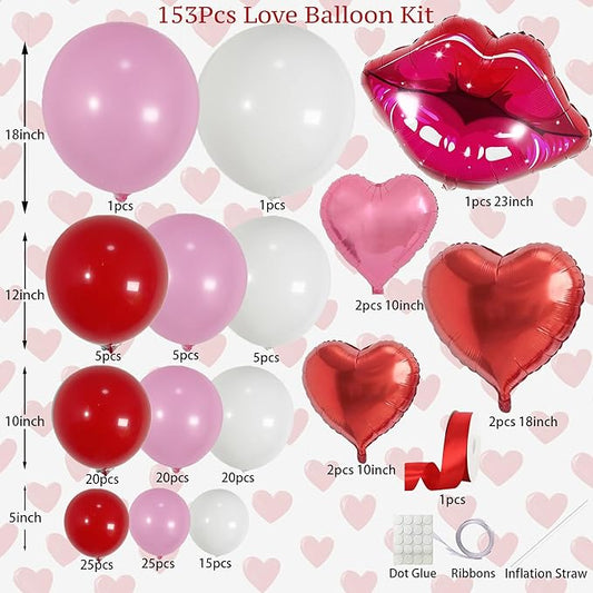 Galentine's Day Decoration Valentine's Day Balloon Arch Kit - 153Pcs White Pink Red Heart Balloons & Red Lip Foil Balloon Garland with Red Ribbon for Mother's Day, Wedding, Birthday Party Decorations