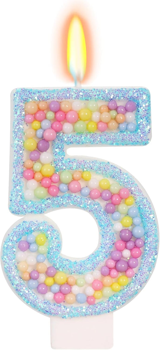 Birthday Candles - Number 5 Candle, Colorful Macaron Candles for Boys/Girls, Blue Cake Decorations, Blue Birthday Decorations