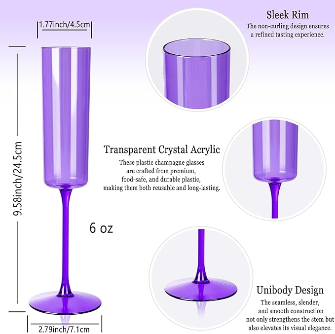 YOUBET 24 Pack Purple Plastic Champagne Flutes -6 Oz Clear Purple Champagne Glasses - Square Plastic Toasting Glasses for Birthday Anniversary Wedding & Party