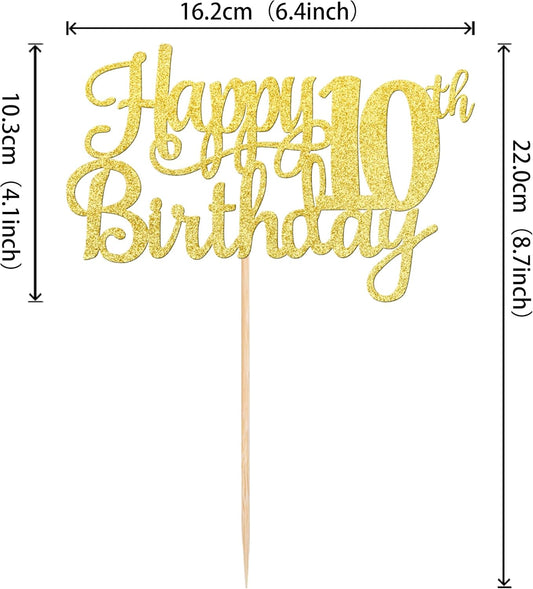 1 PCS Happy 10th Birthday Cake Topper Gold Glitter Cheers to 10 Years Birthday Cake Pick 10 Fabulous Double Digits Cake Decoration for Happy 10th Birthday Theme Party Decorations Supplies