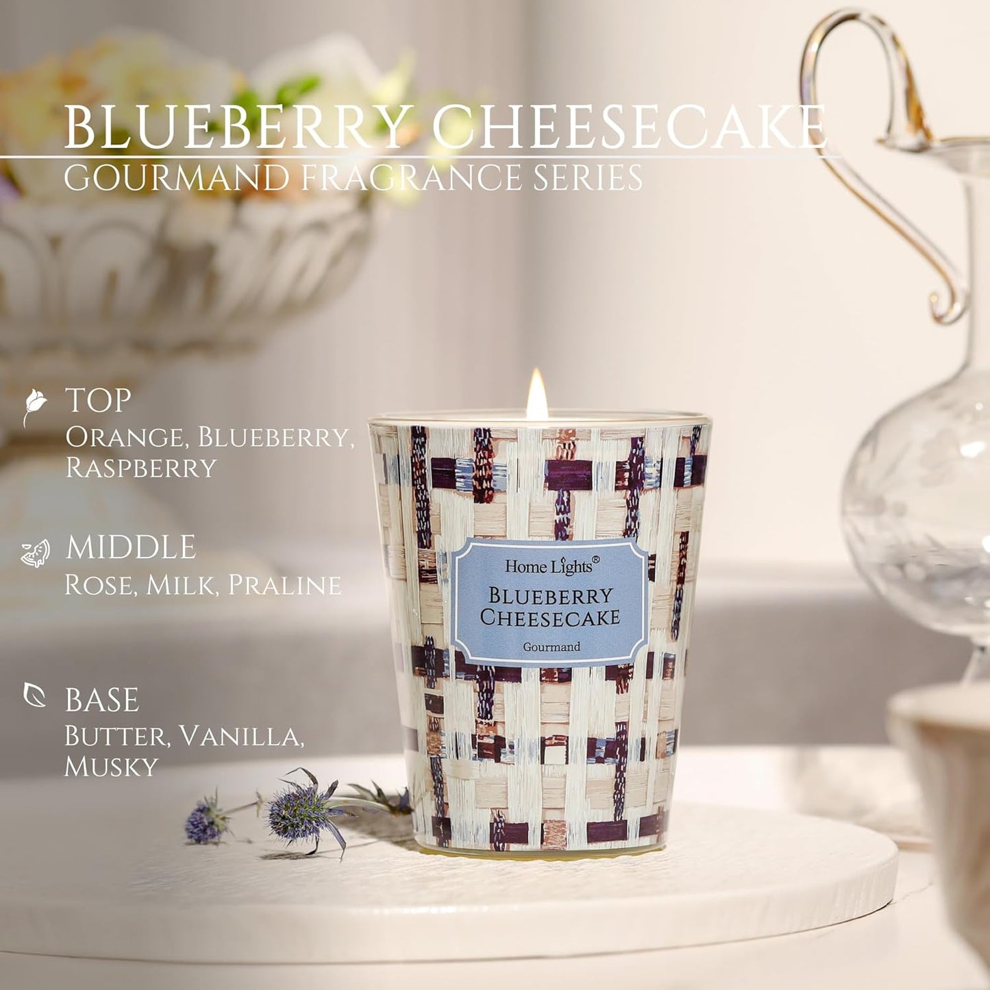 HomeLights Scented Candles for Women & Men, 6.7oz Candle Jars Aromatherapy Single Wick Candle, Ideal for Rustic Modern Home Decor and Gifts, Blueberry Cheesecake