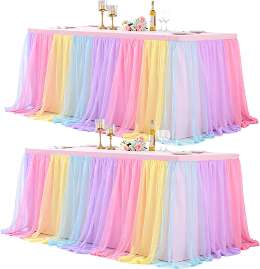 2 Pack 6ft Rainbow Tulle Tablecloths for Rectangle Tables 6 Foot Rainbow Rectangular Table Cloth Wrinkle Free Tablecover with Tutu Skirt for Baby Shower Girls Birthday Party Banquet Buffet Cake