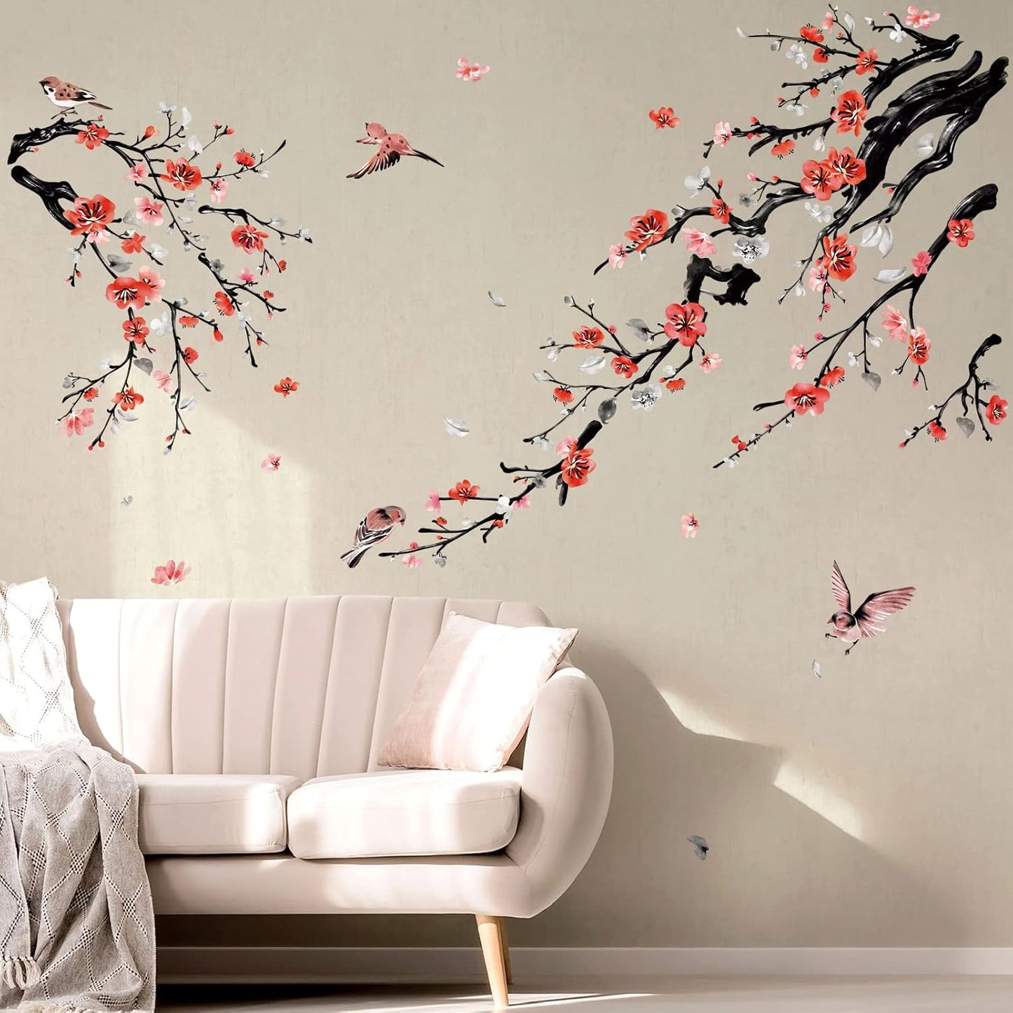 wondever Watercolor Flower Tree Branch Wall Stickers Blossom Red Floral Birds Peel and Stick Wall Art Decals for Living Room Bedroom