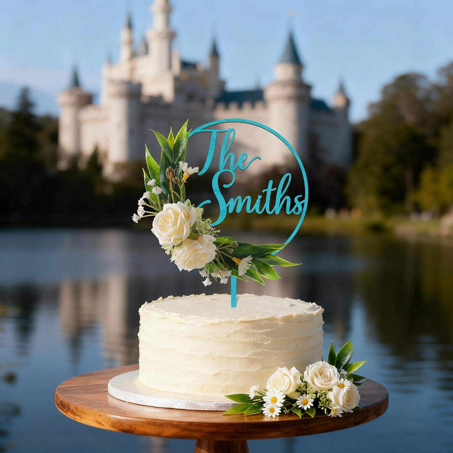 3D Flowers Wedding Cake Topper Custom Last Name Wedding Cake Decoration in Wood with 3D Artificial Roses (Turquoise)
