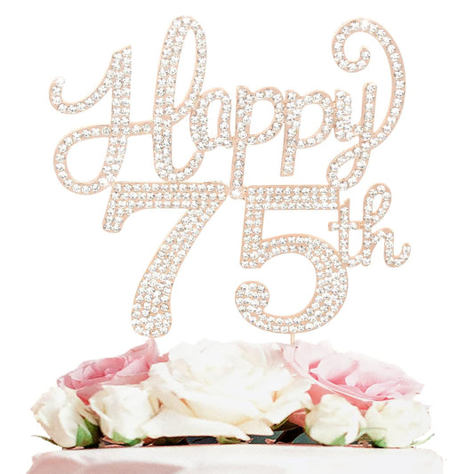 LASKYER Happy 75th Birthday Decorations,75th Birthday Gold Rhinestone Cake Topper - Cheers to 75 Years Old Bday Party Metal Sparkly Cake Centerpieces Sign.