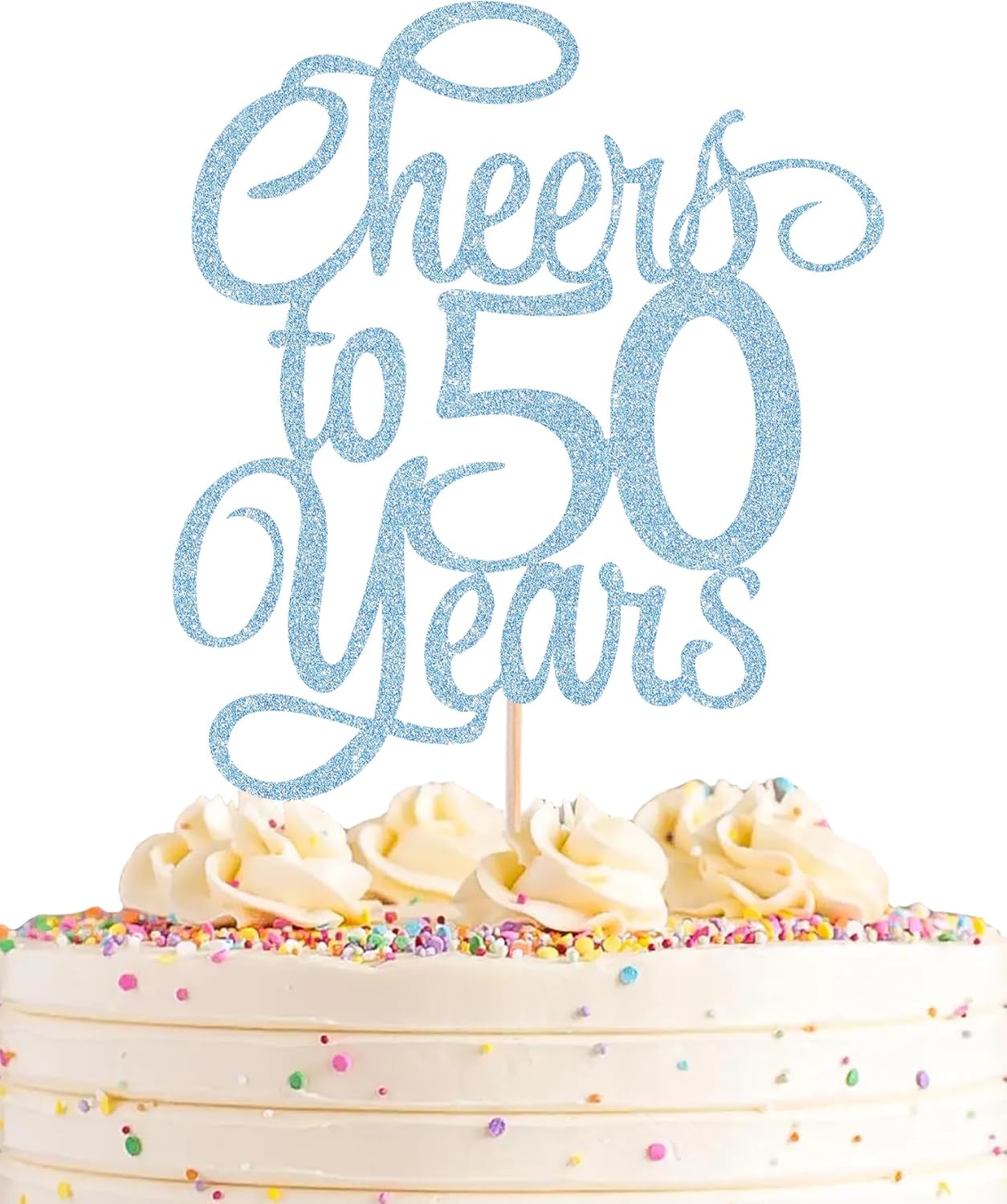 Cheers to 50 Years Cake Topper - Light Blue Glitter 50th Birthday Cake Decorating Supplies, Perfect for 50th Anniversary or Fifty Birthday Party, Photo Booth Props