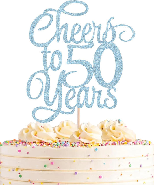 Cheers to 50 Years Cake Topper - Light Blue Glitter 50th Birthday Cake Decorating Supplies, Perfect for 50th Anniversary or Fifty Birthday Party, Photo Booth Props