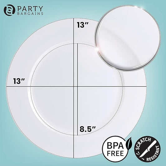 PARTY BARGAINS 13-Inch Charger Plates - 96 Pack, White, Heavy-Duty Disposable Chargers for Elegant Dining - Ideal for Weddings and Formal Events
