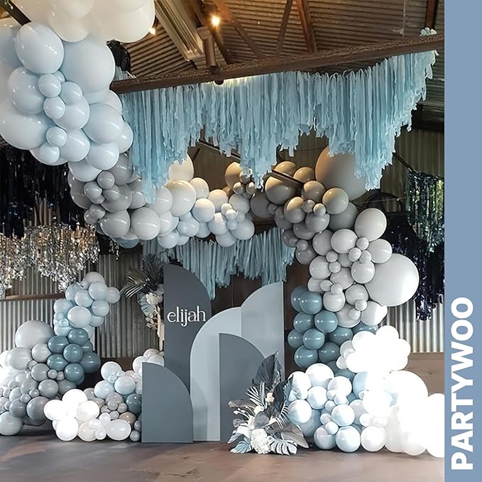PartyWoo Dusty Blue Balloons 65pcs 12 Inch Light Baby Slate Blue Off White Sand Metallic Gold Boho Confetti Balloons for Graduation Boy Baby Shower Gender Reveal Birthday Wedding Party Decorations