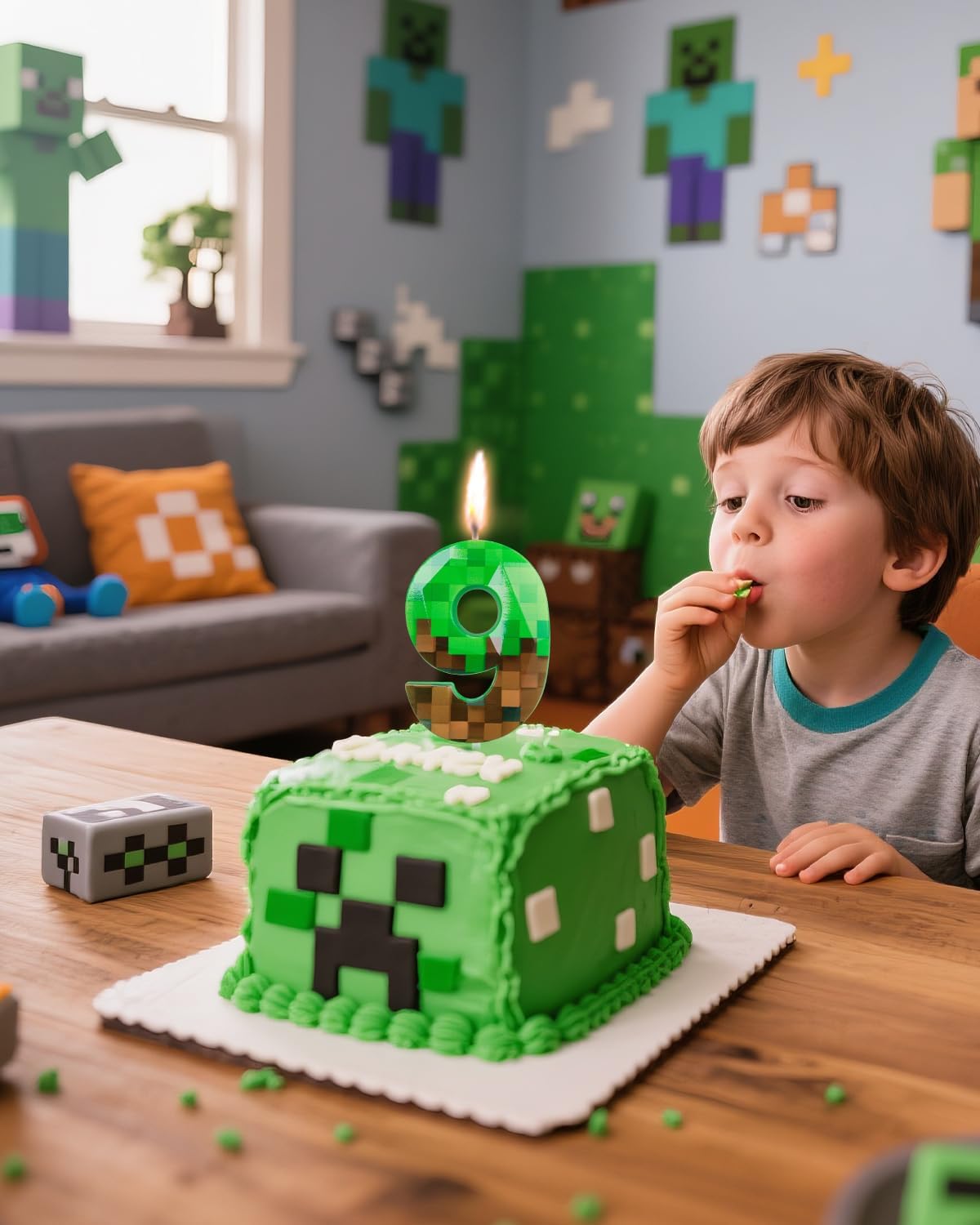 Pixel Birthday Candle, 2.68 Inch Miner Number Candles, Game Themed Candle Birthday Decoration for Pixel Theme Birthday Anniversary Dynamite Video Game Party (Green, 9)