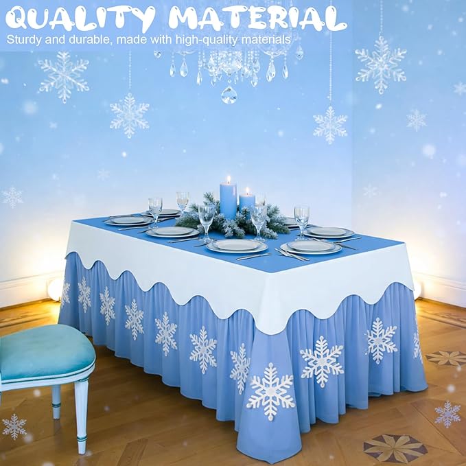 5 Pcs Winter Snowflake Wonderland Tablecloth Blue Tulle Table Skirt and White Tables Cover with Snowflake 30 x 108 Inch Winter Wonderland Table Cover for Winte Holiday Party Supplies Decorations
