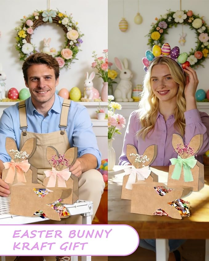Easter Bunny Kraft Gift Bags, 24 Set Boho Bow Easter Bunny Treat Bags, DIY Kraft Paper Goodie Treat Bag with Boho Bow for Party Favors, Gift Packaging, School, Church, Office