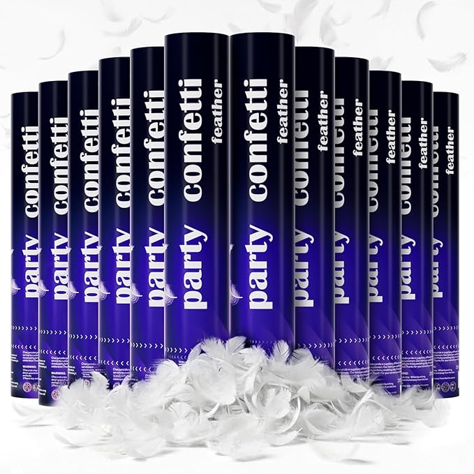 White Feather Confetti Cannon 12 Pack, 12" Biodegradable Wedding Confetti Poppers with Slow-Falling Real Feathers, Premium Party Poppers for Wedding Send Off, Bridal Shower & Celebrations