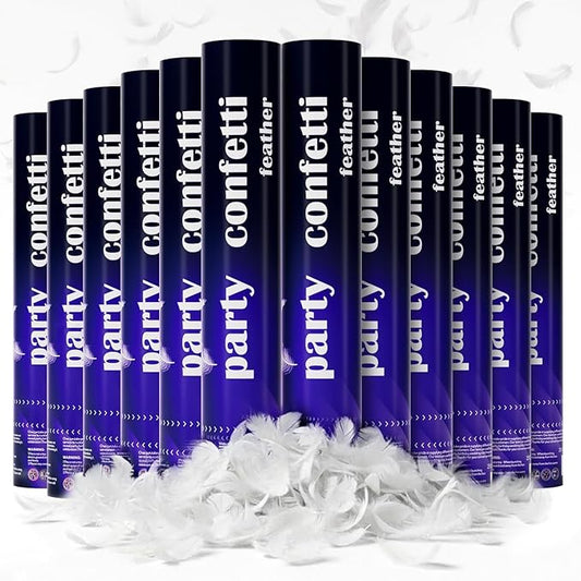 White Feather Confetti Cannon 12 Pack, 12" Biodegradable Wedding Confetti Poppers with Slow-Falling Real Feathers, Premium Party Poppers for Wedding Send Off, Bridal Shower & Celebrations