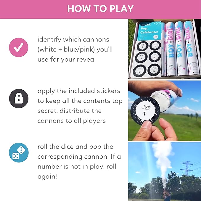 TUR Party Supplies Gender Reveal Roulette Game Kit (Blue, Pink & White) Fool Proof Confetti & Powder Cannons | 100% Biodegradable | 12 inch | Party Poppers for Boy or Girl Baby Shower Decorations