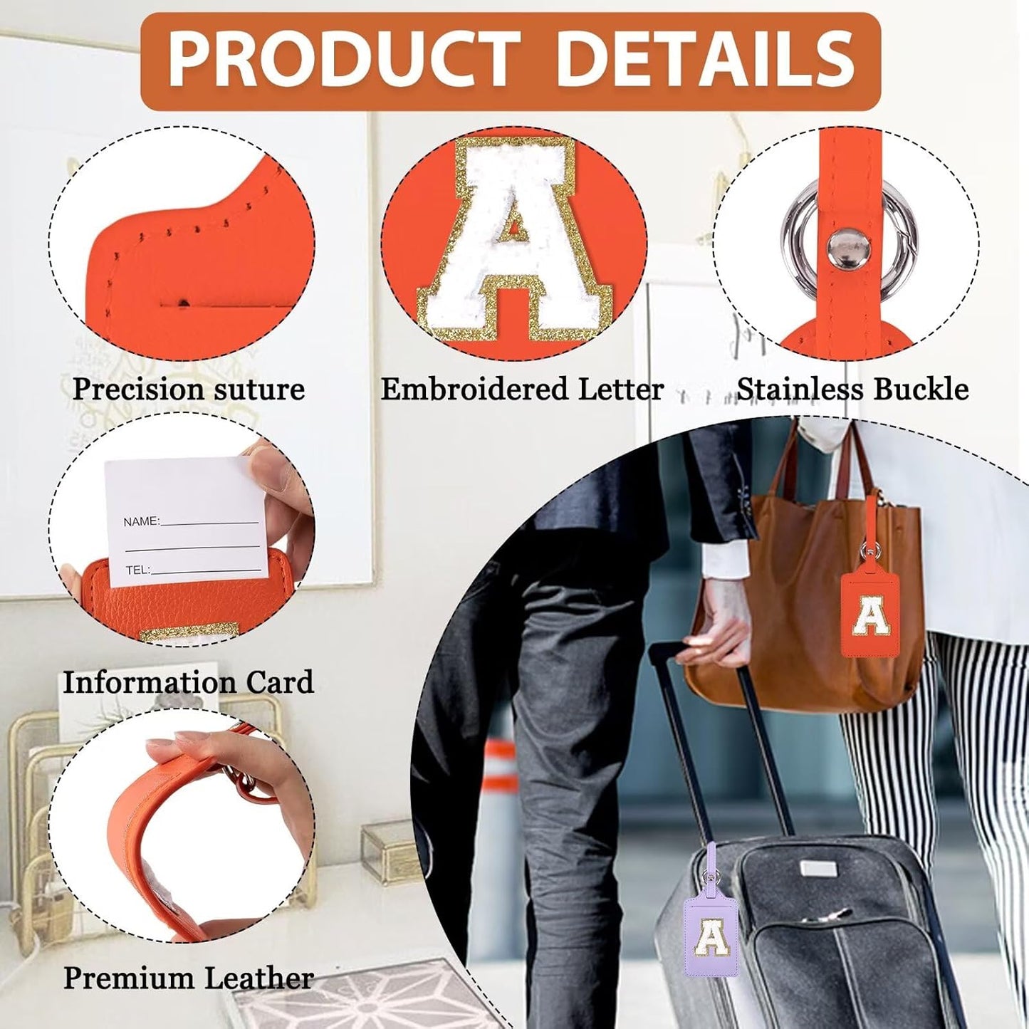 XSUIOY Personalized Initial Luggage Tags, Leather Chenille Letter Cute Luggage Tags with Privacy Name Card, Embroidered Travel Bag Backpack Tags Gifts for Women Kids Girls Teens (Orange, 1 Pack)