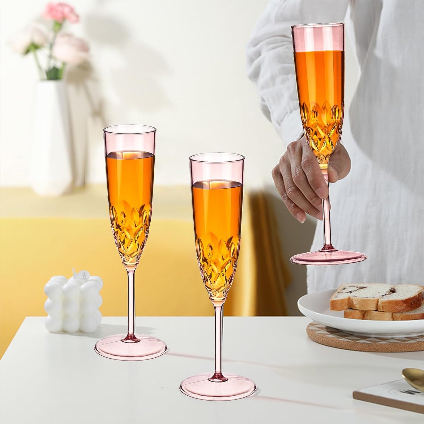 48 Pack Plastic Champagne Flutes, Shatterproof Reusable Fancy Crystal Clear Champagne Glasses, 5 oz Acrylic Unbreakable Elegant Party Drinking Cocktail Wine Glasses Wedding Birthday Bar Goblets Pink