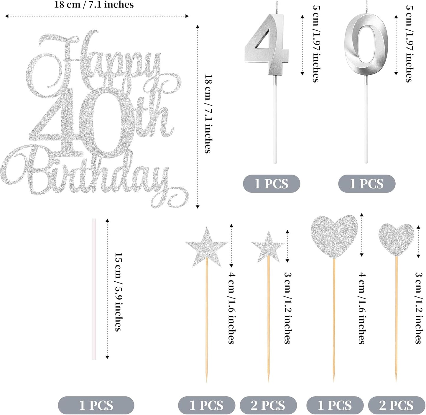 40th Birthday Cake Decorations, 40th Birthday Candles Cake Numeral Candles and Glitter Happy 40th Birthday Cake Toppers Set for Birthday Party Supplies (Silver)