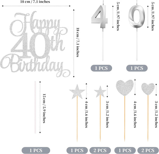 40th Birthday Cake Decorations, 40th Birthday Candles Cake Numeral Candles and Glitter Happy 40th Birthday Cake Toppers Set for Birthday Party Supplies (Silver)