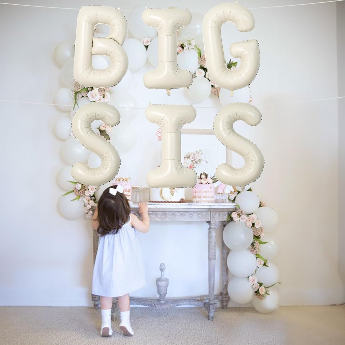 40 Inch Cream BIG SIS Balloons, Large Beige Neutral Big Sis Balloon Letters Sign with Ribbon, Ivory White Sand Baby Girls Balloon for Her Birthday Baby Shower Gender Reveal Party Decoration Supplies