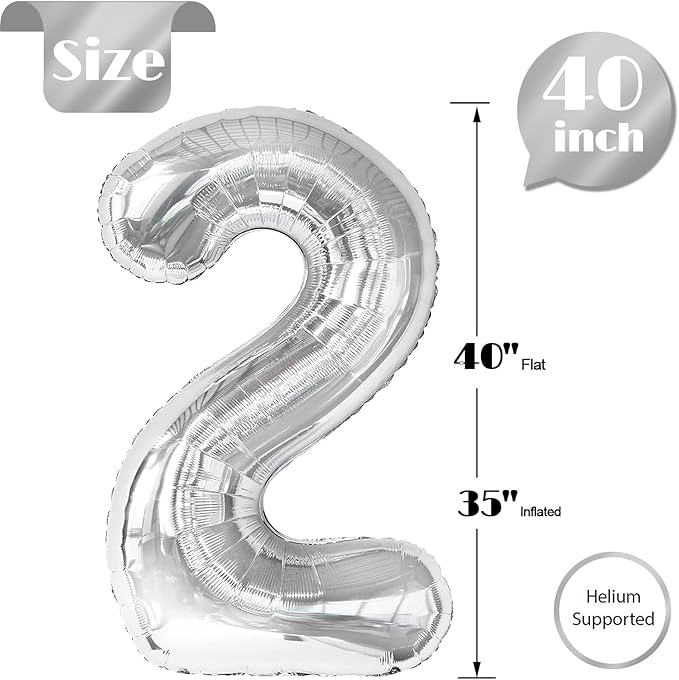 Silver 2 Balloon, Number Balloons 40 Inch, 2nd Balloon Number Birthday Decorations, Two Second Birthday Party Supplies, Number 2 Balloon