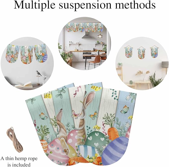 Easter Banner 3Pcs Indoor Outdoor Hanging Banner Flag Spring Rabbit Eucalyptus Leaves Eggs Wooden Sign for Fireplace Mantel Decorative Bunting Garland Valance for Shop Door Mantle Decor 7.9"x11.8"