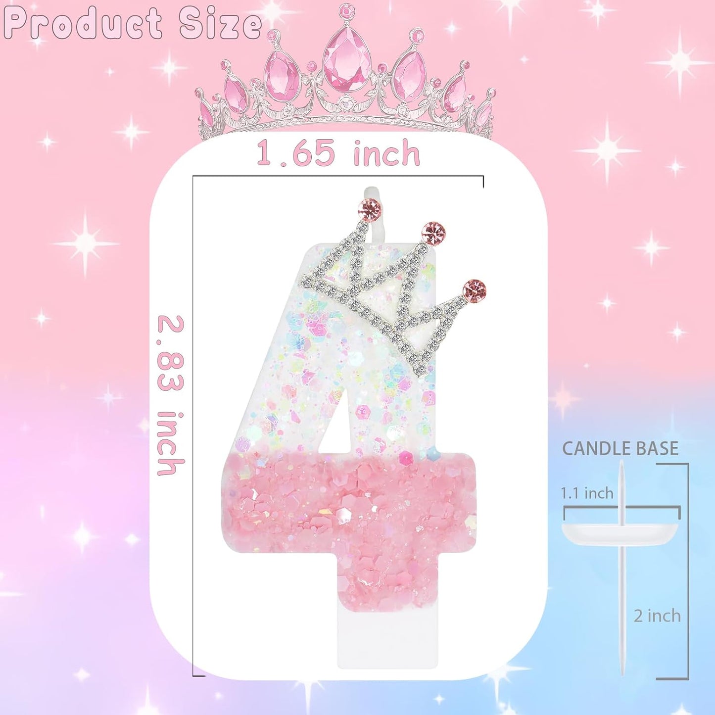 Pink White Number 4 Candle, Glitter Crown Cake Topper, Princess Birthday Party Decorations for Girls and Women Anniversary Celebrations Party Favors