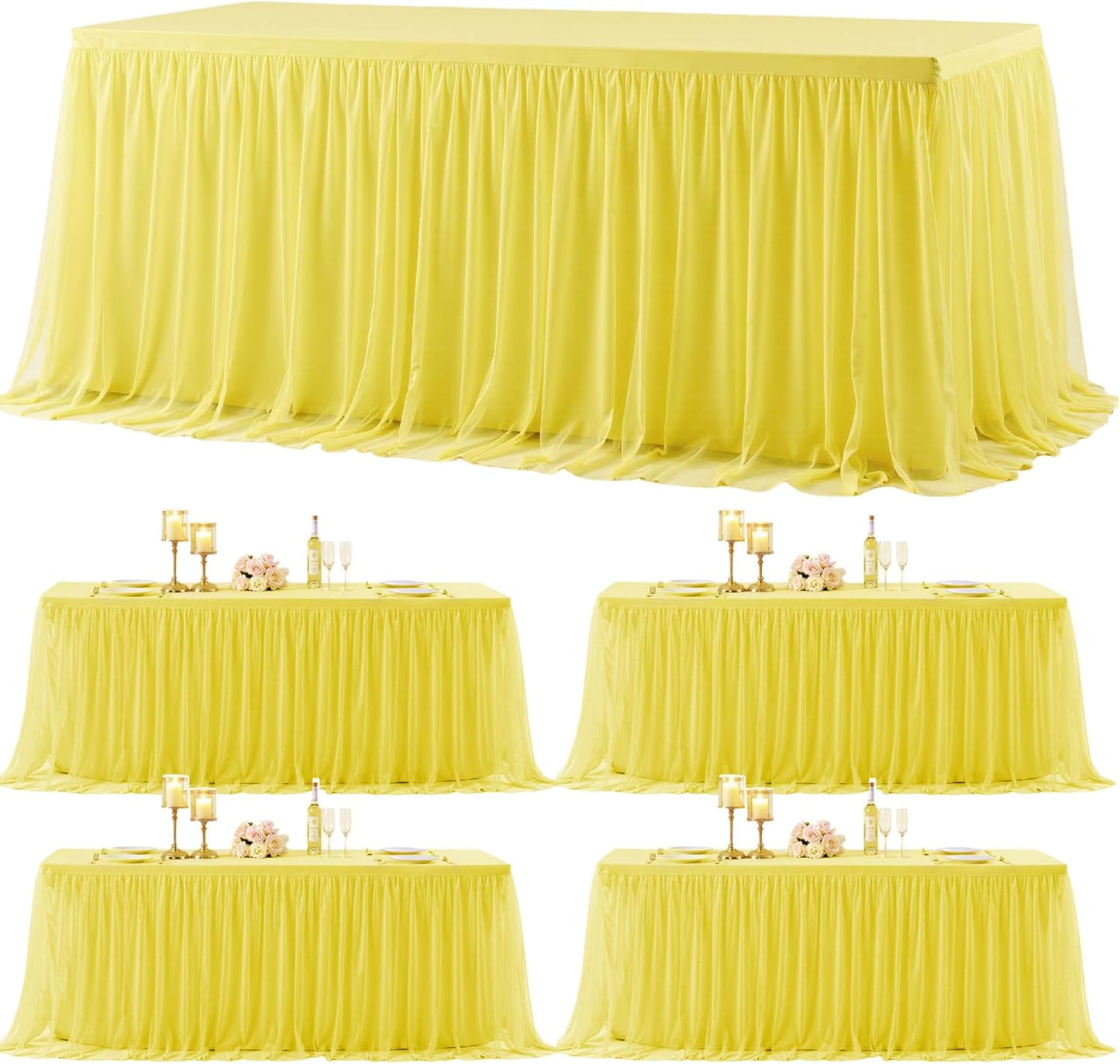 4 Pack Yellow Tulle Tablecloth for 6 Foot Rectangular Tables 6ft Yellow Rectangle Table Cloths Wrinkle Free Table Cover with Tutu Skirt for Birthday Cocktail Banquet Buffet Lemon Fruit Party Decor