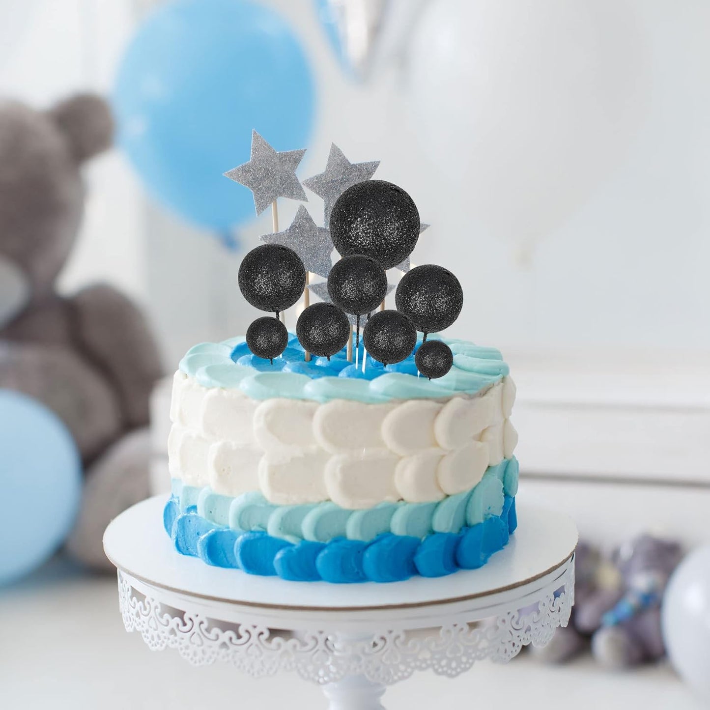 30Pcs Mini Balloon Cake Topper Glitter Foam Ball Cake Picks Decorations Faux Pearl Balls DIY Cake Insert Topper Baking Decoration for Baby Shower Wedding Anniversary Birthday Party Supplies Black
