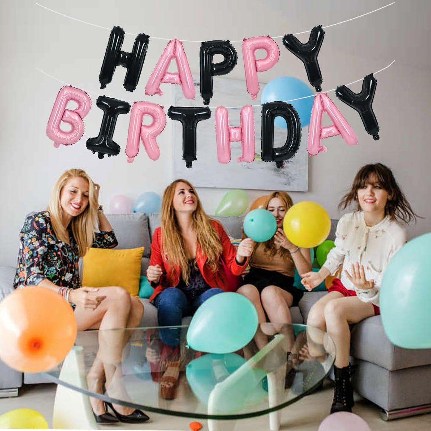 TONIFUL Happy Birthday Balloons Banner 16 Inch Mylar Foil Letters Birthday Sign Reusable for Girls Boys Kids & Adults Birthday Party Decorations Supplies（Black Pink）