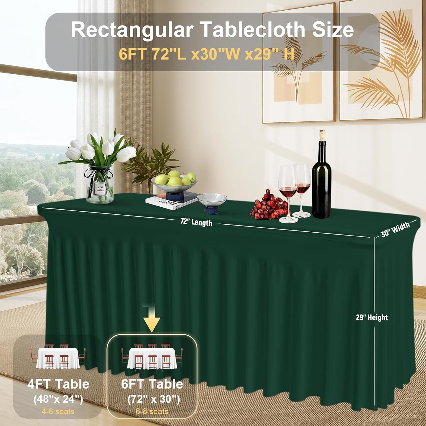 2 Pack Dark Green Spandex Tablecloths for 6FT Tables – Stretch Fitted Wrinkle-Free & Washable Table Covers – Reusable Rectangle Tablecloths for Wedding, Parties, Banquet, Buffet, and Events
