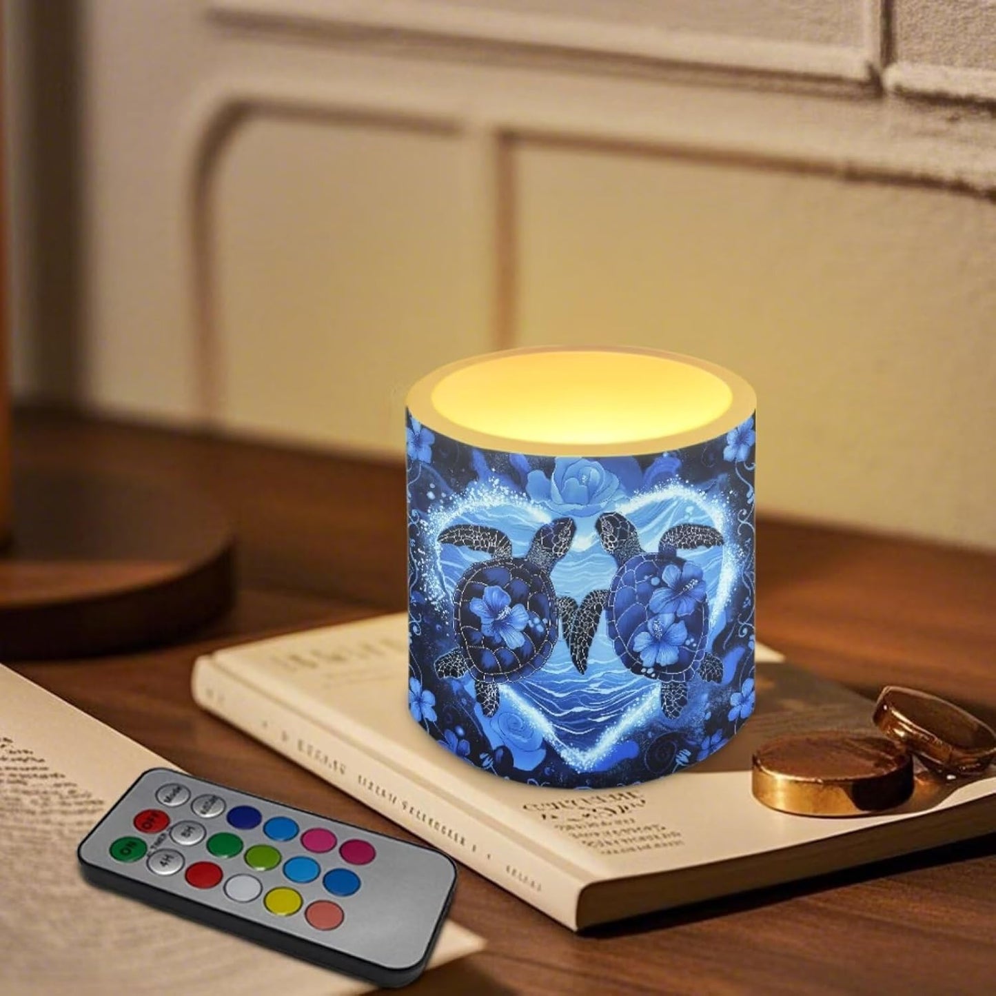 Poceacles LED Flameless Candle Set of 4, Battery Operated Tea Lights with Remote Control, Flickering Effect, Multi-Color Options, Sea Turtle Love Rose Hibiscus Flower Dark Blue