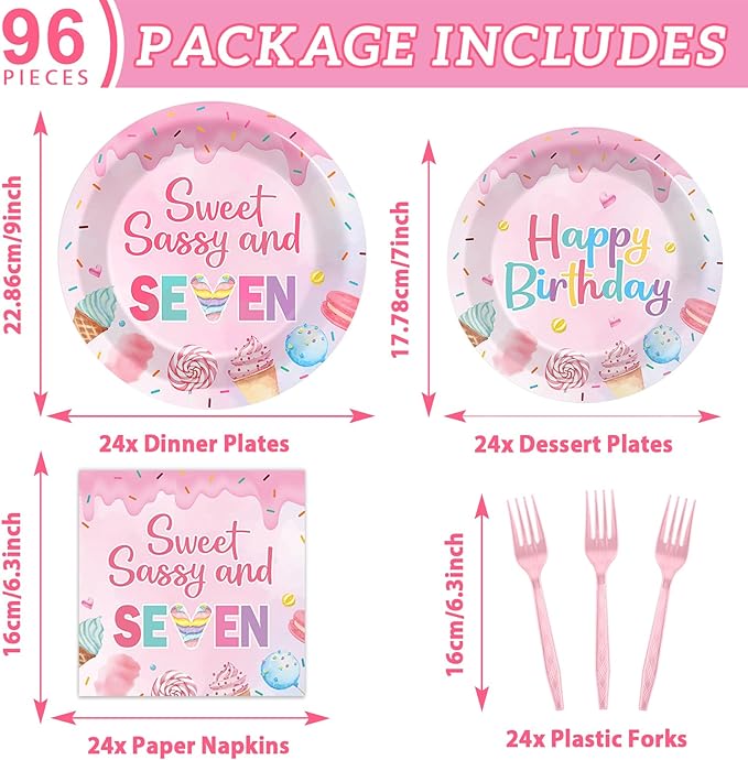 96 PCS Donut 7th Party Plates and Napkins CHristmas Donuts Party Tableware Supplies Sweet Sassy Seven Year Old Plates Napkins Decors Donuts Decorations for Kids Birthday Gatherings Decorations