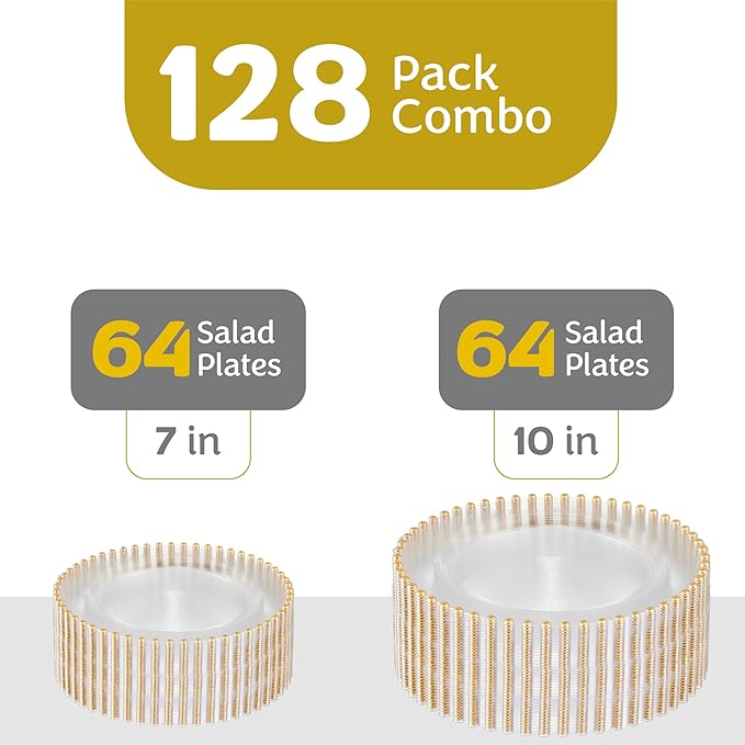 PLASTICPRO 128 Piece Combo Plastic Dinner Plates Disposable Plastic Fancy Heavy Duty Party Dishes 7 inch and 10 inch, Clear and Gold Beaded